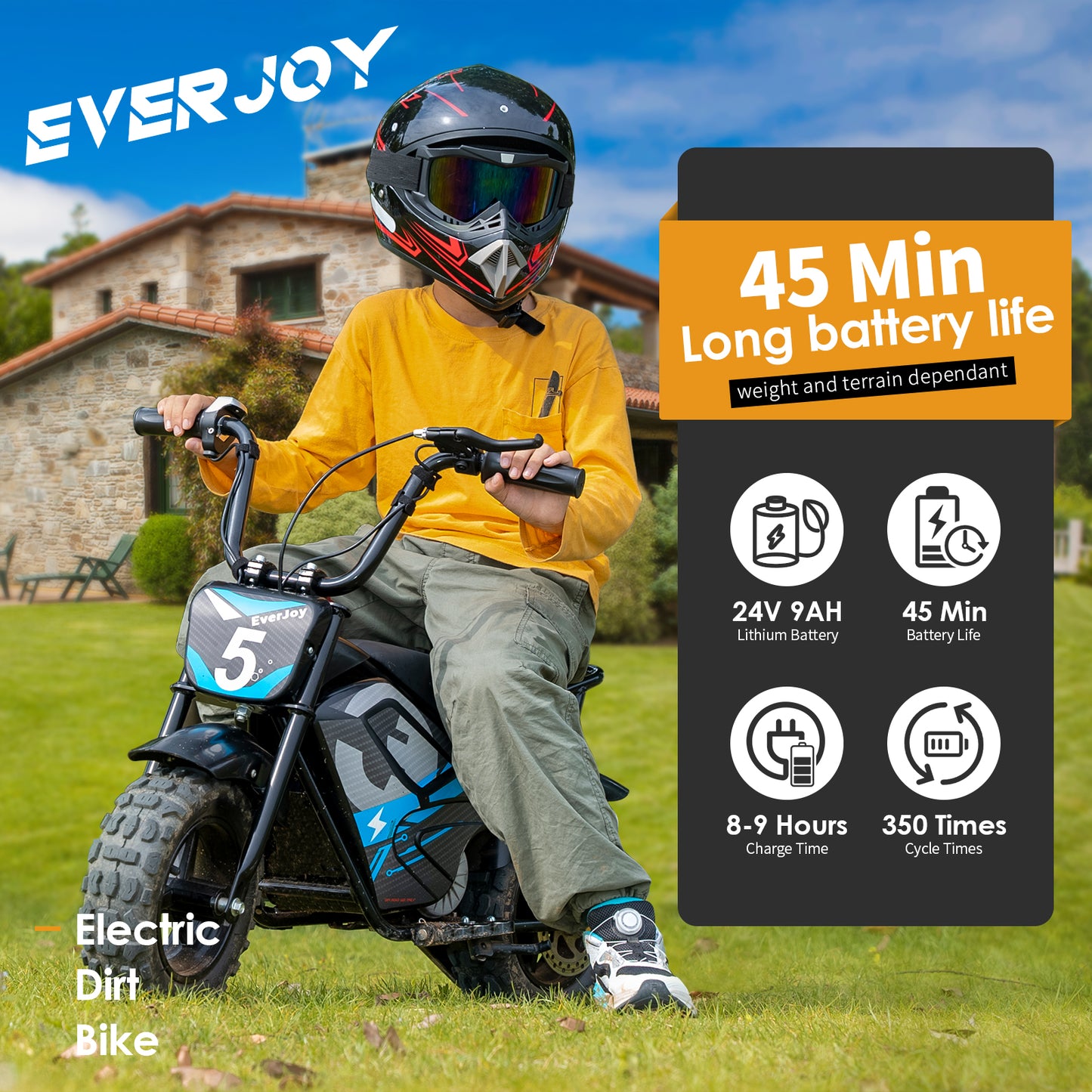 24V Electric Dirt Bike for Kids 250W High Torque Motor, 24V 9AH, 2 Speeds,10/12 MPH, UL 2849 Certificated Electric Kids Mini Bike for Ages 3+