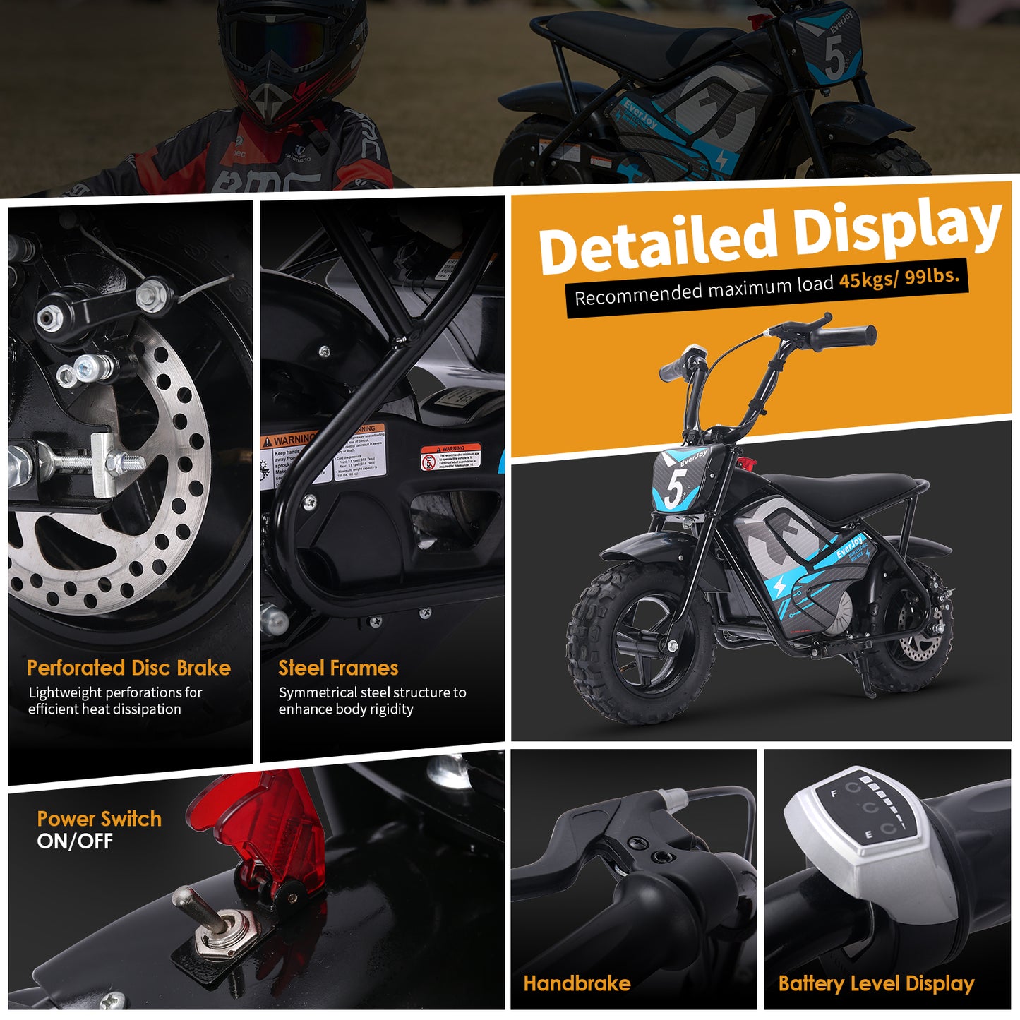 24V Electric Dirt Bike for Kids 250W High Torque Motor, 24V 9AH, 2 Speeds,10/12 MPH, UL 2849 Certificated Electric Kids Mini Bike for Ages 3+